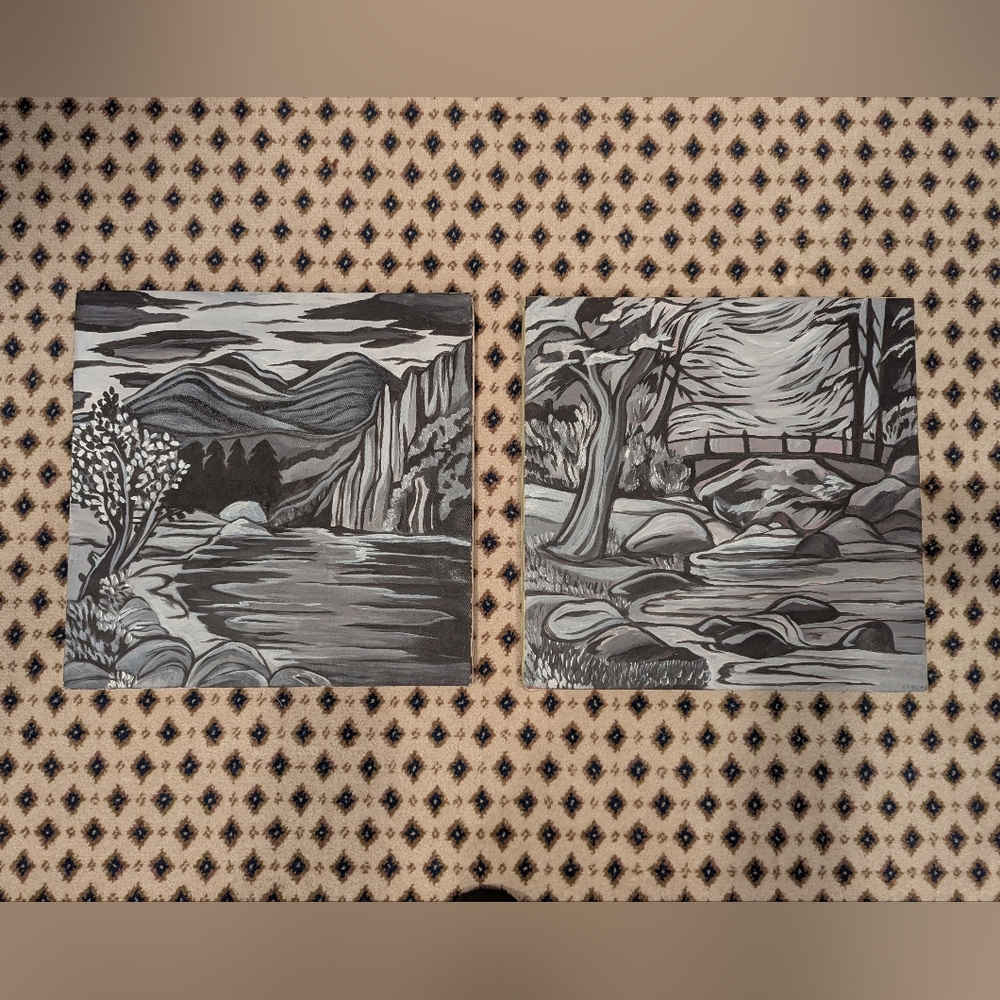 Monochrome Landscape Diptych Fine Art Acrylic On Canvas Paintings. 18"X18"